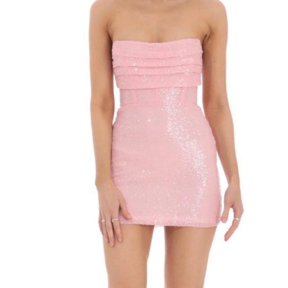 Lucy in the sky strapless open back pink sequin dress